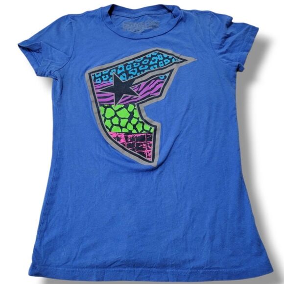 Famous Stars & Straps Top Size Small Women's Baby Tee Graphic Print T-Shirt Blue - Picture 1 of 6